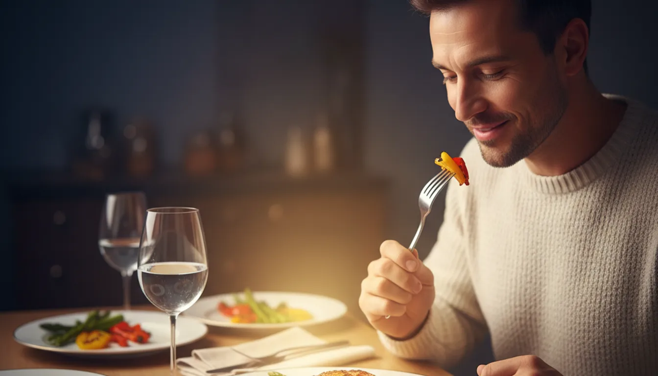 Low-carb dinner for diabetics: Grilled salmon, asparagus, bell peppers, and a happy person.