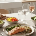 Low carb diabetic-friendly dinner: grilled salmon, vegetables, and a healthy plate.