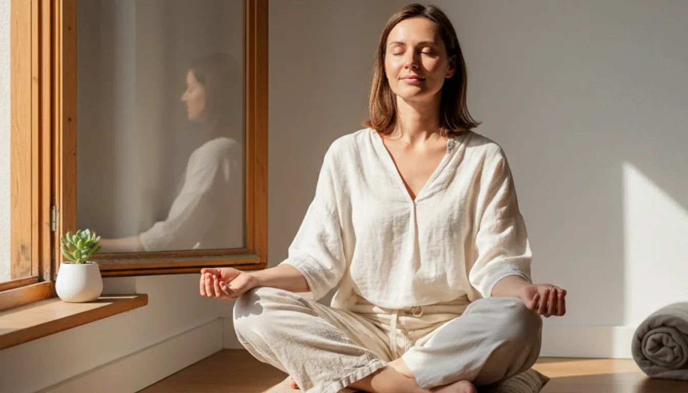 Woman meditating mindfully at home, practicing beginner mindfulness meditation.