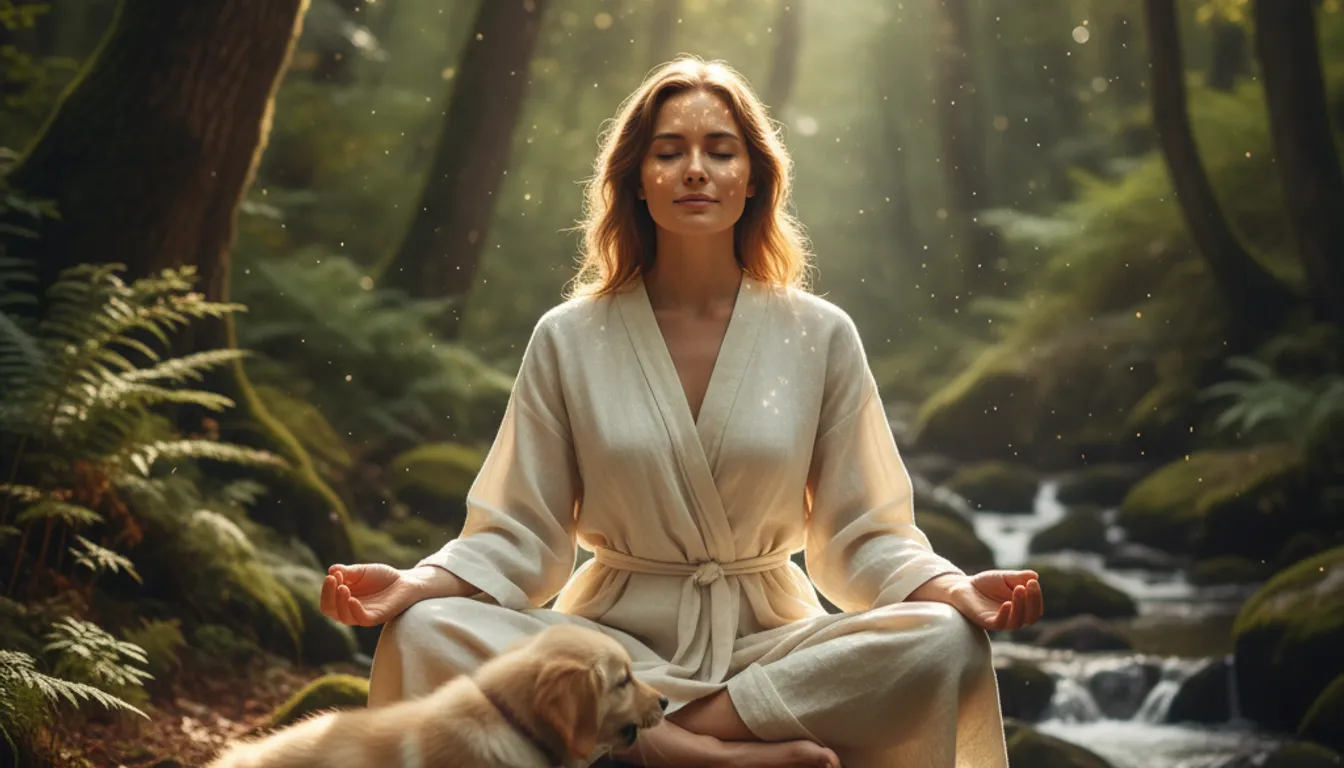 Woman meditating with a playful puppy, illustrating mindfulness and gentle focus in a serene forest.