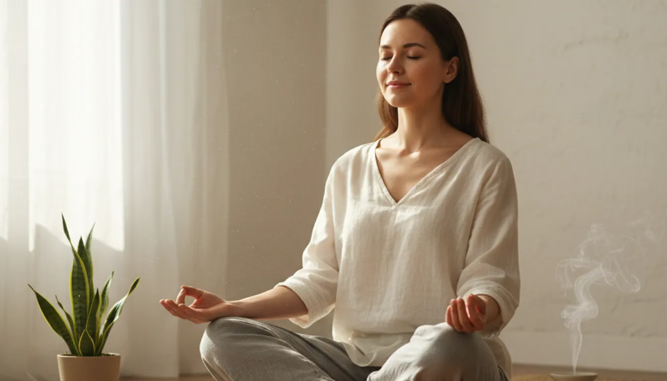Mindfulness meditation for beginners: A serene image of a woman meditating in a peaceful setting.