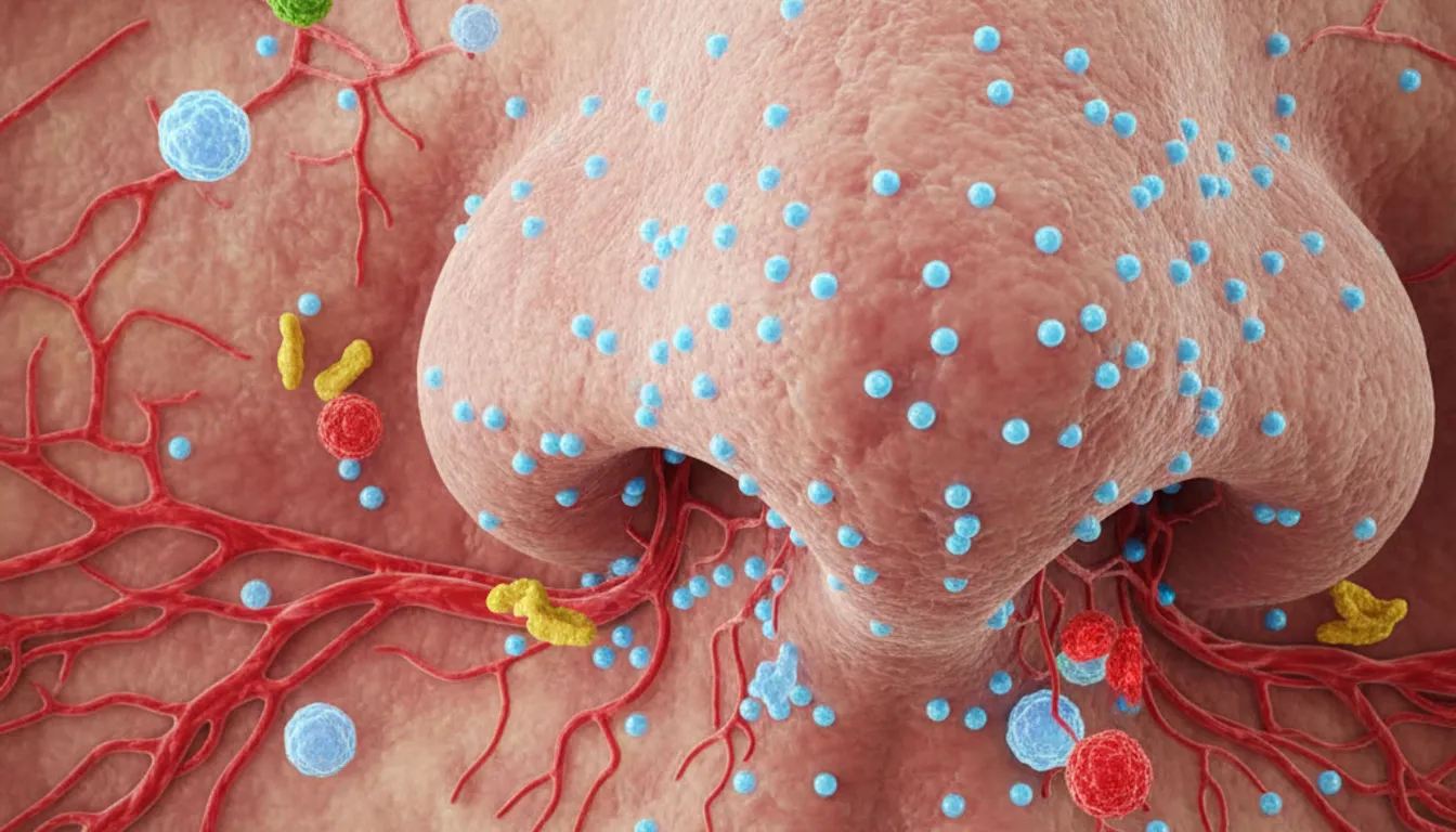 Microscopic view of seasonal allergy reaction: pollen, histamines, and inflamed nasal passage.