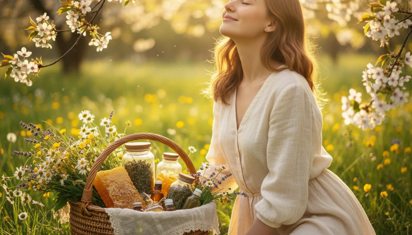 Woman enjoying spring, allergy relief with natural remedies: honey, herbs, flowers. Joyful and healthy.