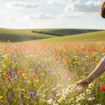 Photorealistic image of wildflowers and a person, symbolizing natural remedies for allergies.