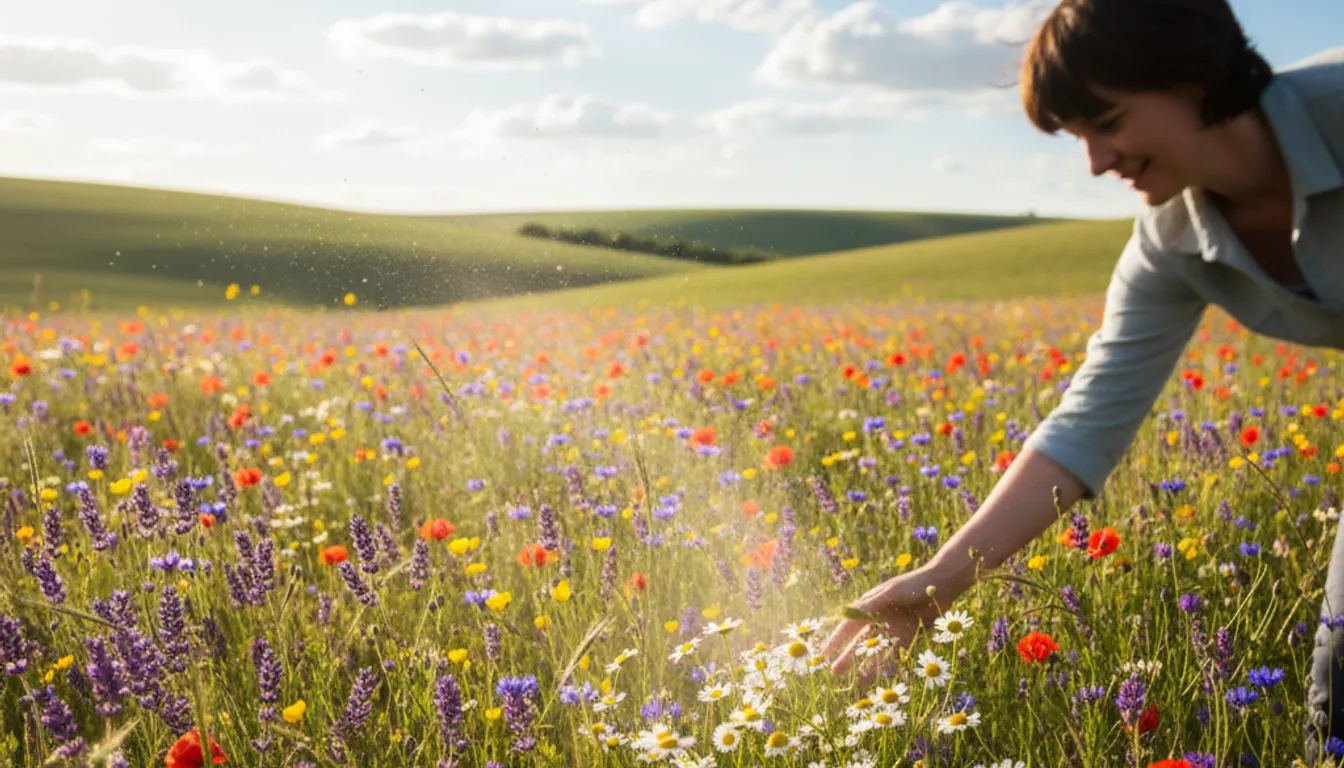 Photorealistic image of wildflowers and a person, symbolizing natural remedies for allergies.