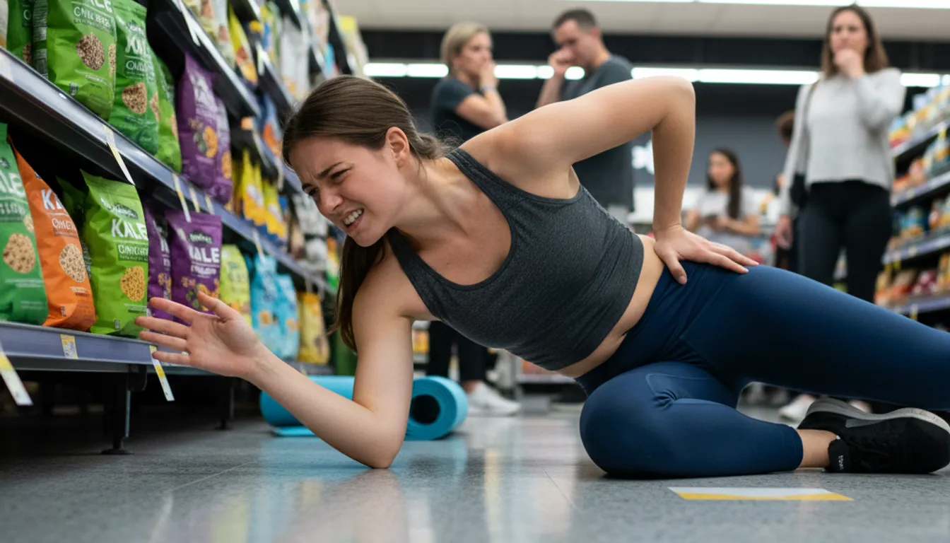 Woman experiencing sudden lower back pain in a grocery store, reaching for kale chips.