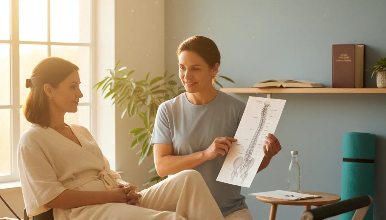 Physical therapist consulting patient on Pilates for lower back pain, emphasizing safe exercise.