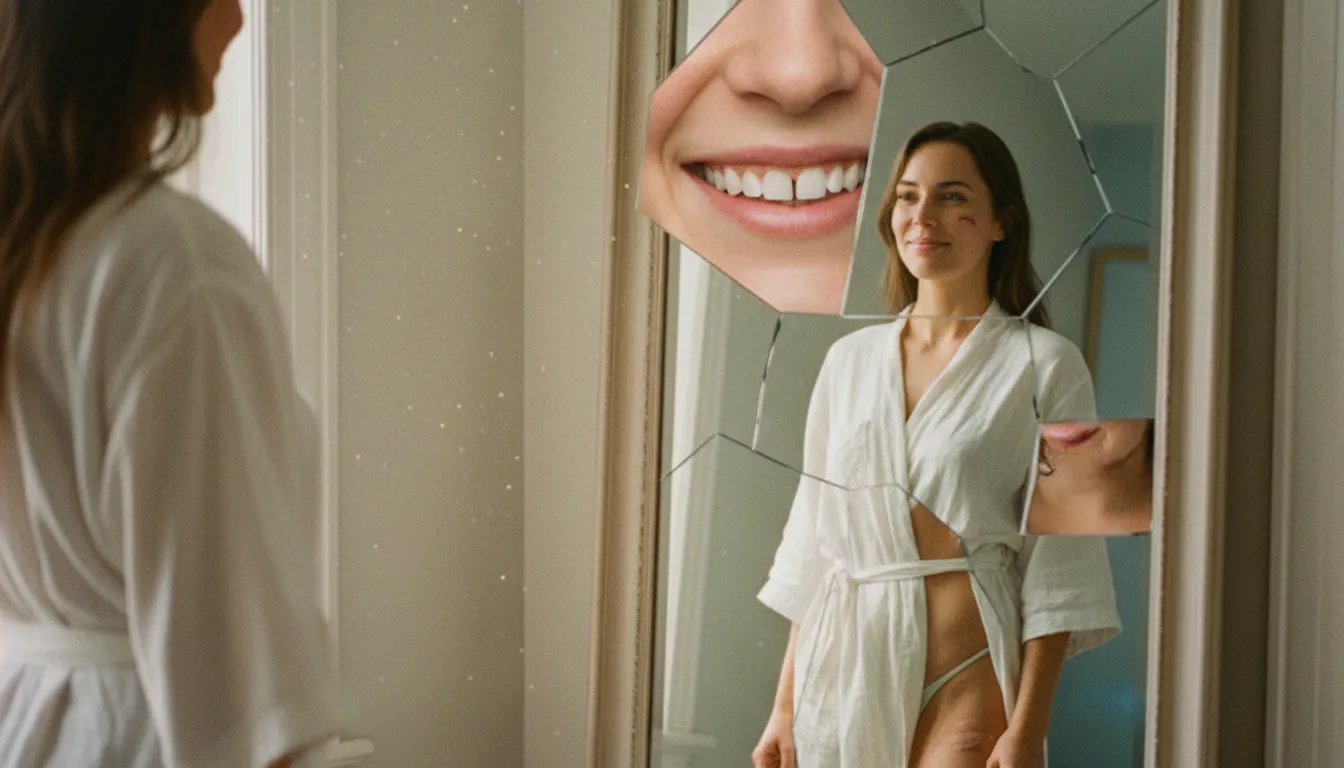 Woman embracing imperfections, smiling in a mirror, embodying self-acceptance and confidence.