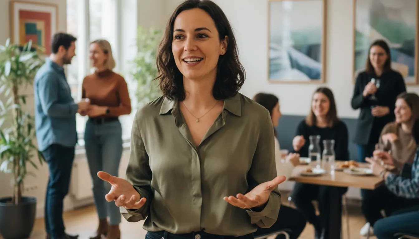 Woman confidently socializing at event, overcoming social anxiety with positive affirmations.