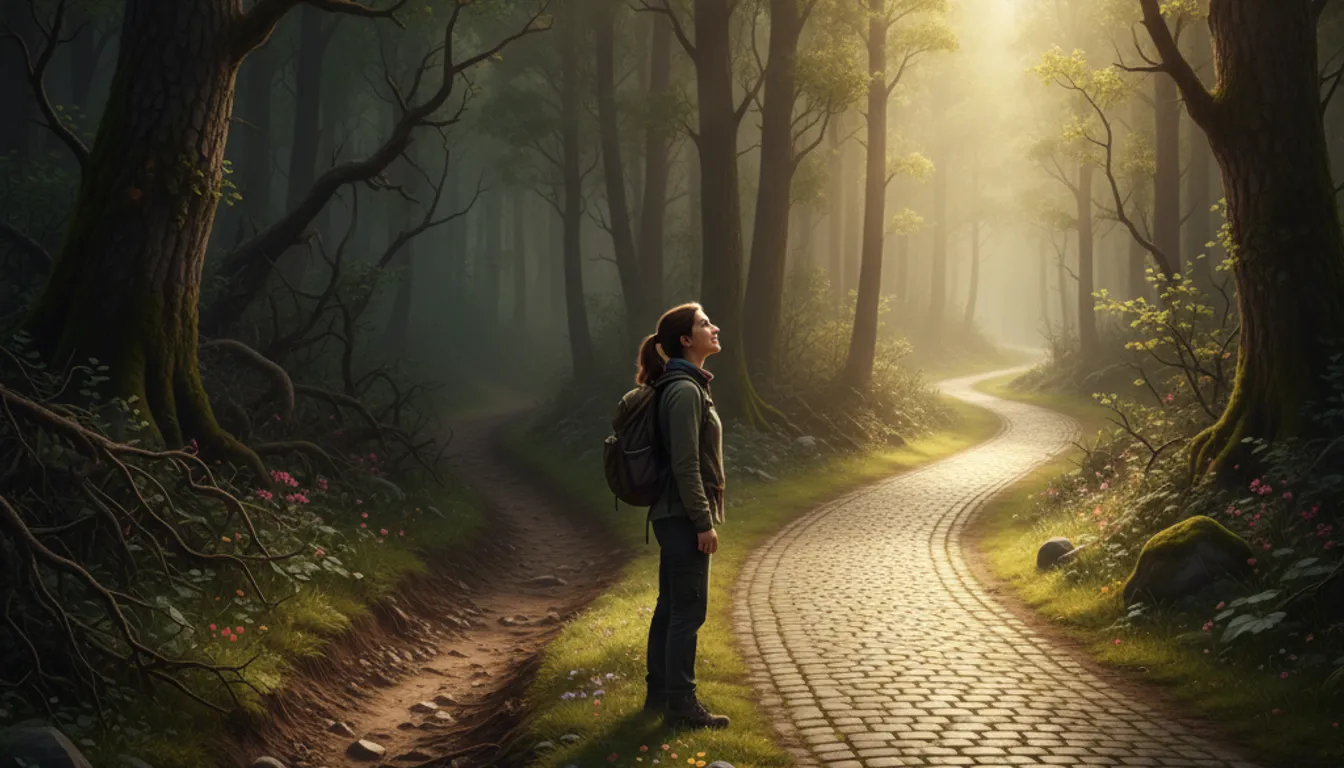 Person choosing new path of confidence in forest, representing positive affirmations and rewiring the brain.