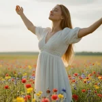 Woman smiling confidently in a meadow, representing positive affirmations and self-belief.