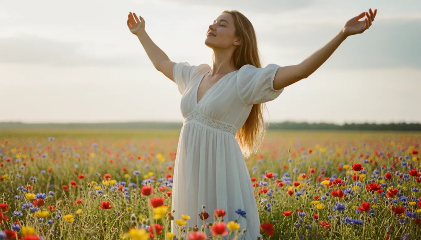 Woman smiling confidently in a meadow, representing positive affirmations and self-belief.