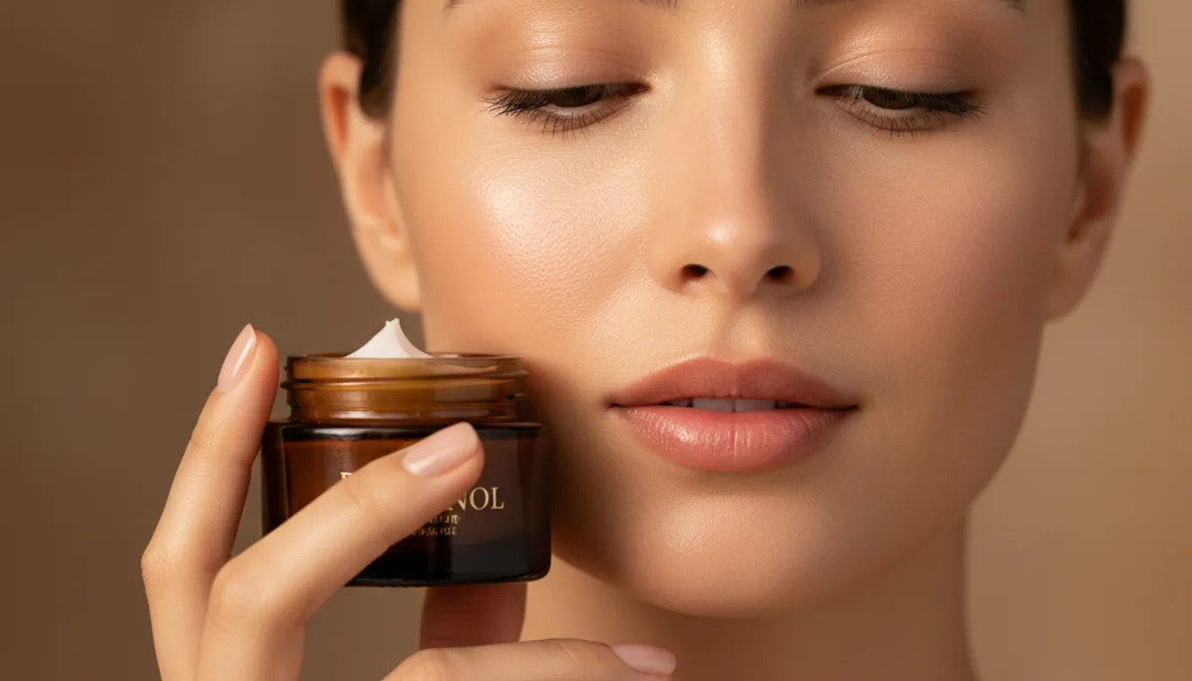 Close-up of radiant skin and retinol cream, representing skincare for beginners.