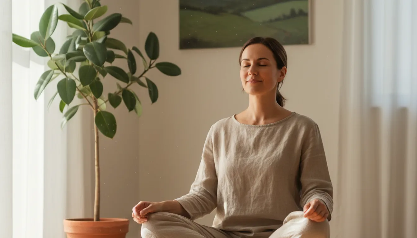 Person meditating peacefully indoors, representing calm and stress relief through mindfulness.