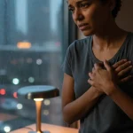 Adult experiencing anxiety, visible in facial expression and posture, reflecting stress in a modern setting.