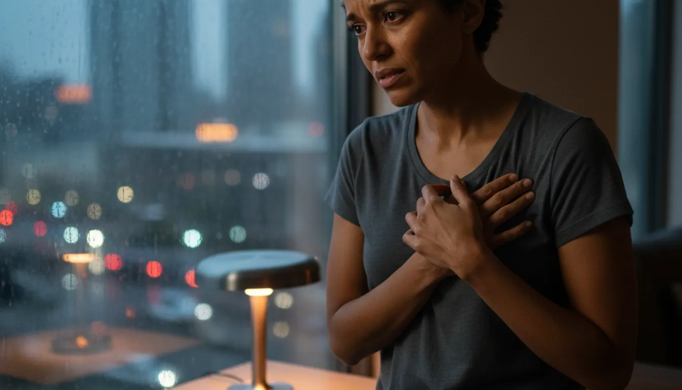 Adult experiencing anxiety, visible in facial expression and posture, reflecting stress in a modern setting.