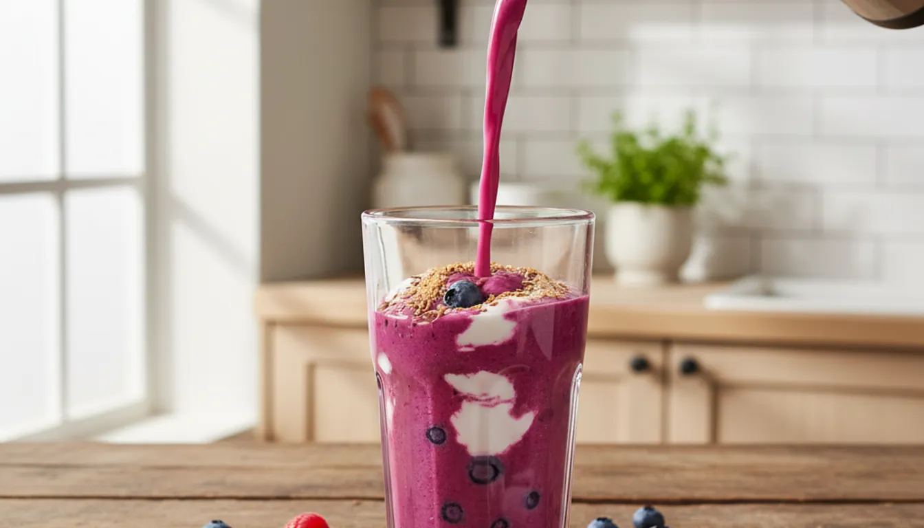 Energy-boosting smoothie with berries, Greek yogurt, and flaxseed for sustained vitality.