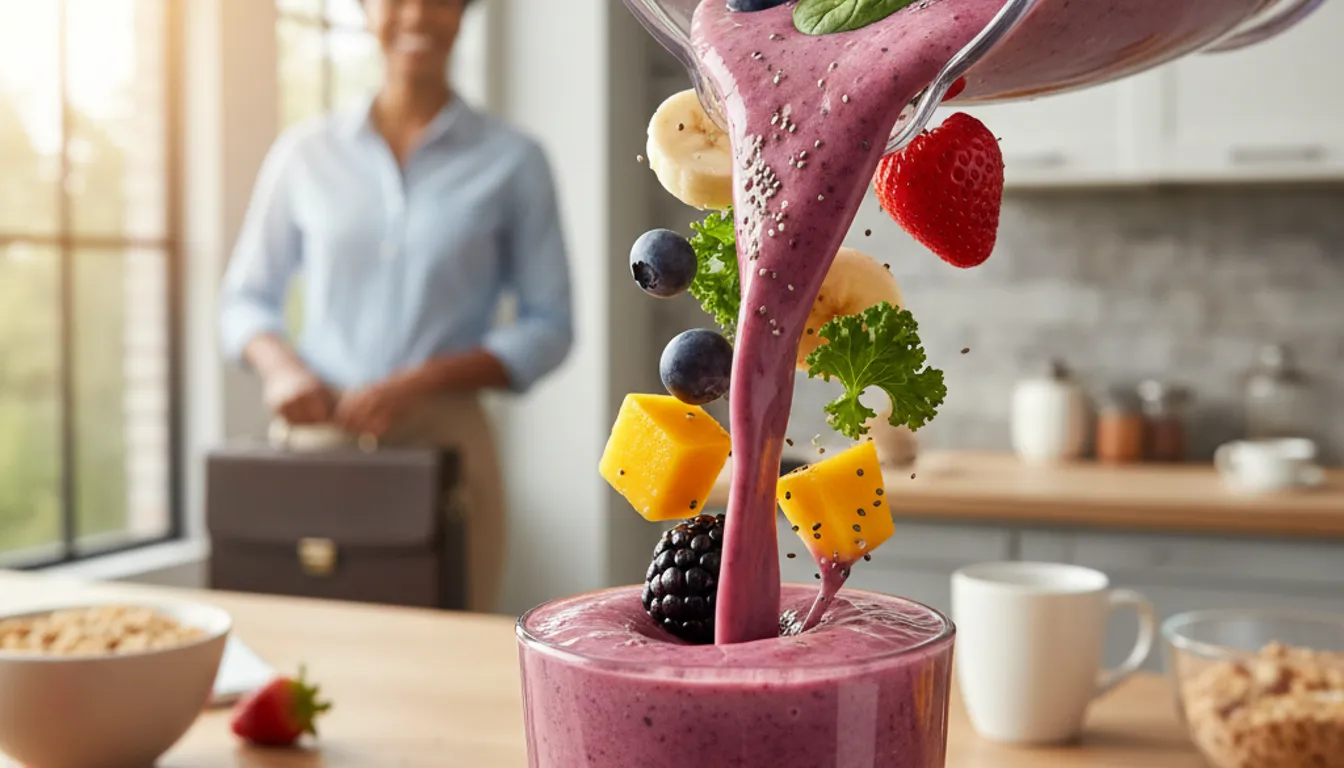 Photorealistic smoothie with fresh fruits & vegetables, offering a healthy energy boost in the morning.