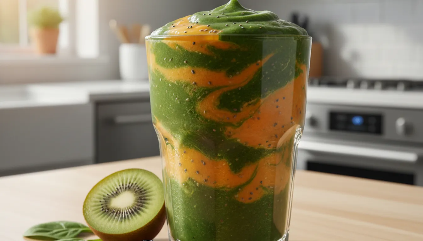 Energy-boosting smoothie recipe with vibrant fruits and vegetables, perfect for a productive day.