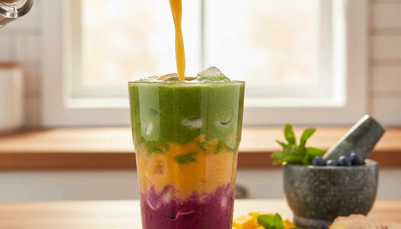 Photorealistic smoothie with fresh fruits & vegetables for an energy boost recipe.
