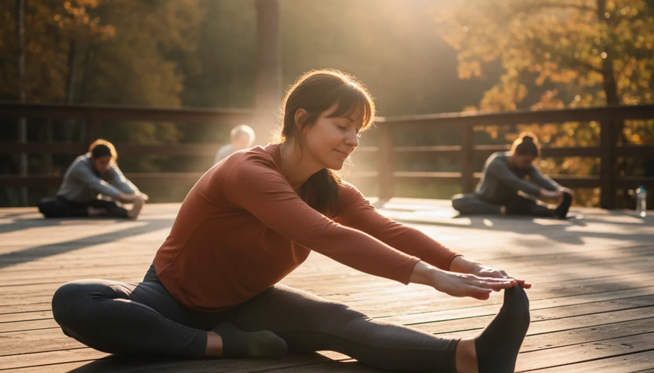 Woman stretching outdoors for flexibility and wellness, with cinematic lighting and serene forest backdrop.