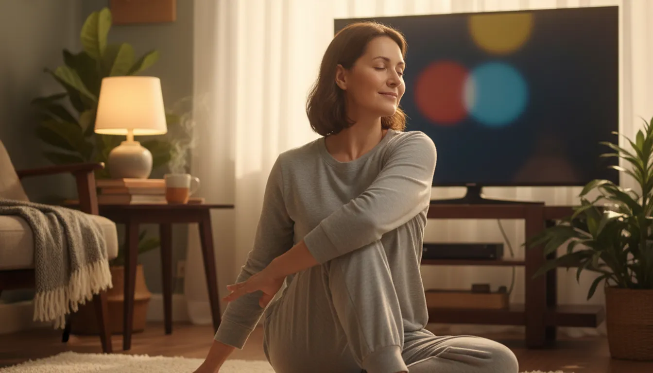 Woman stretching in a living room, practicing daily flexibility exercises for self-care.