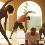 Group of people stretching, demonstrating flexibility exercises. Photorealistic image.