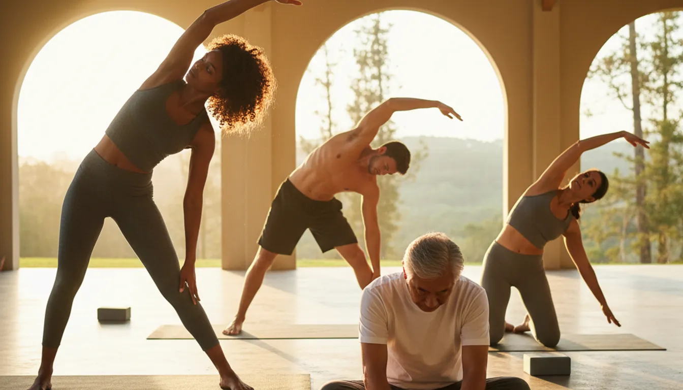 Group of people stretching, demonstrating flexibility exercises. Photorealistic image.