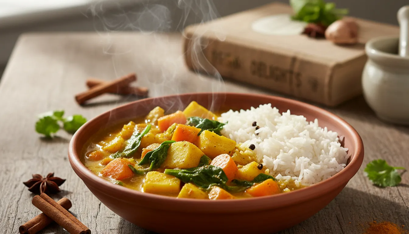 Photorealistic vegan curry with vegetables and rice, perfect for beginners in 2025. Warm and inviting.