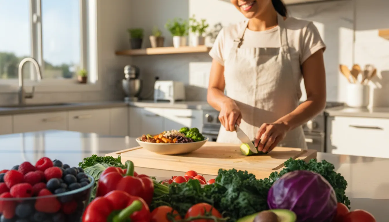 Vegan ingredients and a healthy person in a bright kitchen, symbolizing veganism benefits.