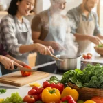 Vegan recipes for beginners 2025: Colorful ingredients and friendly cooking scene.