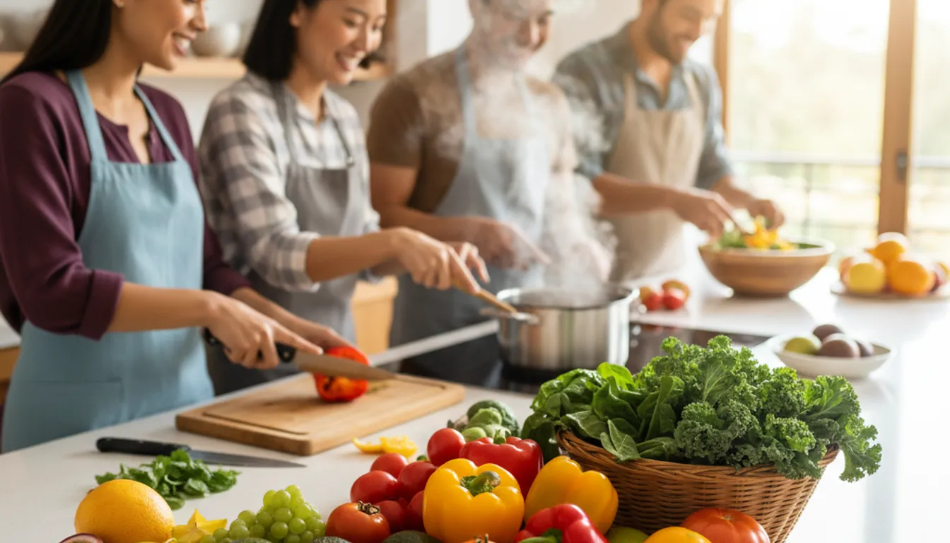 Vegan recipes for beginners 2025: Colorful ingredients and friendly cooking scene.