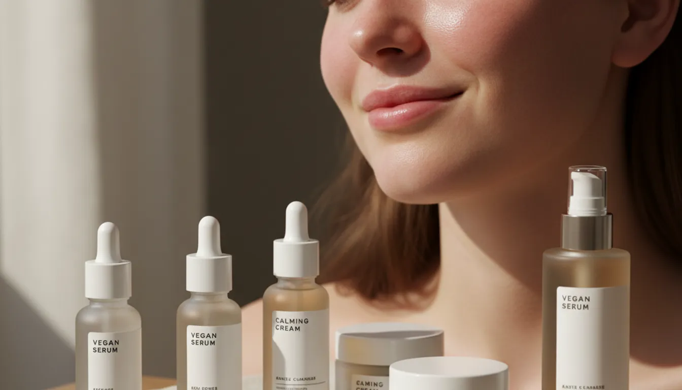 Vegan skincare products for sensitive skin: woman with healthy complexion, product bottles.
