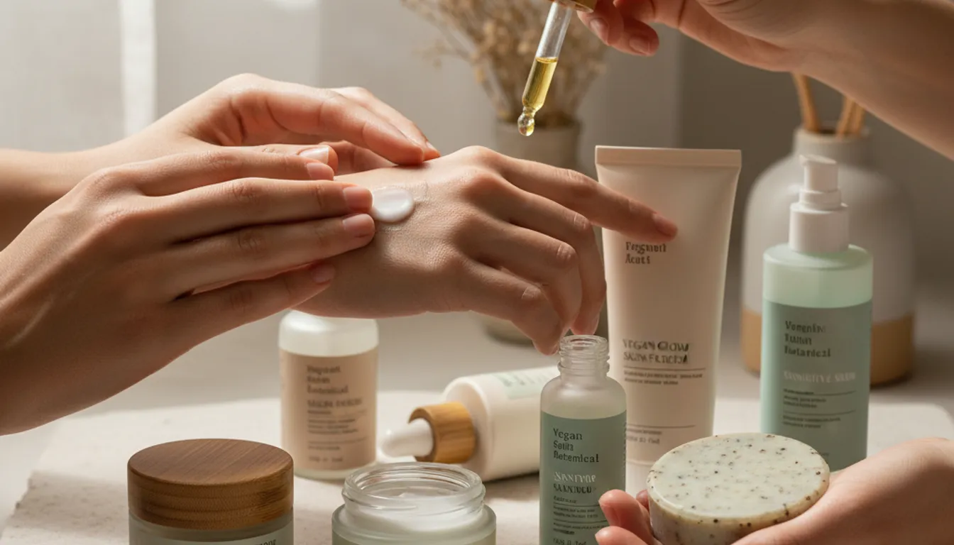 Vegan skincare products for sensitive skin: hands interacting with gentle, natural products.