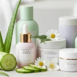 Vegan skincare products for sensitive skin: bottles, leaves, flowers, photorealistic close-up.