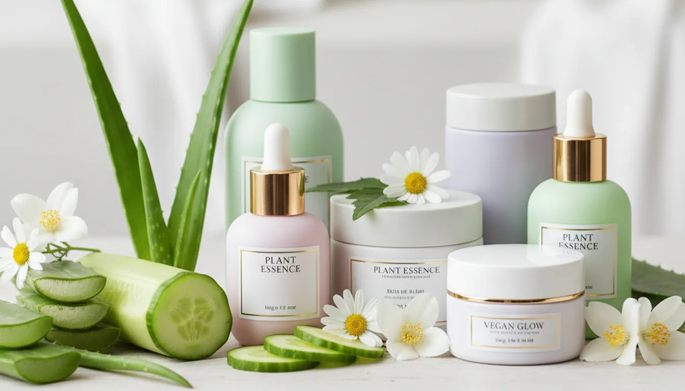 Vegan skincare products for sensitive skin: bottles, leaves, flowers, photorealistic close-up.