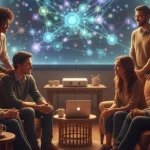 Virtual support group: Diverse people connecting, finding community and support online to combat loneliness.