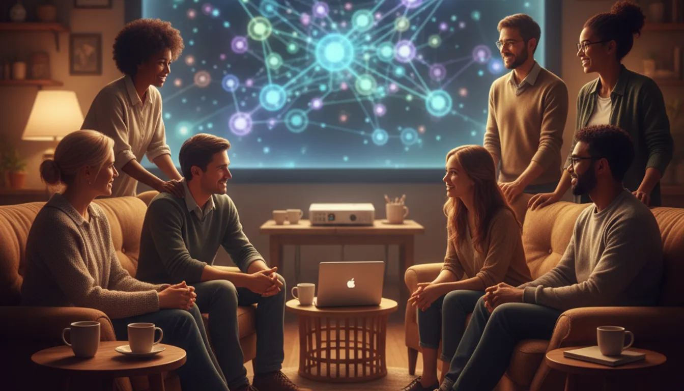 Virtual support group: Diverse people connecting, finding community and support online to combat loneliness.