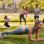 Woman over 40 doing plank exercise outdoors for weight loss and fitness.
