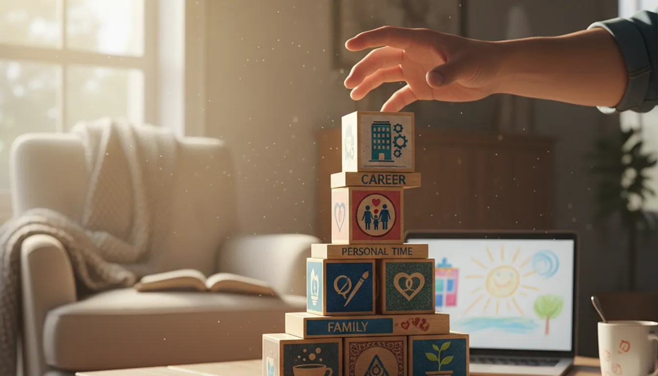 Parent balancing work and life, with blocks representing balance and harmony in a home setting.