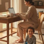 Parent working from home, work-life balance, child playing, cozy living room, photorealistic image.