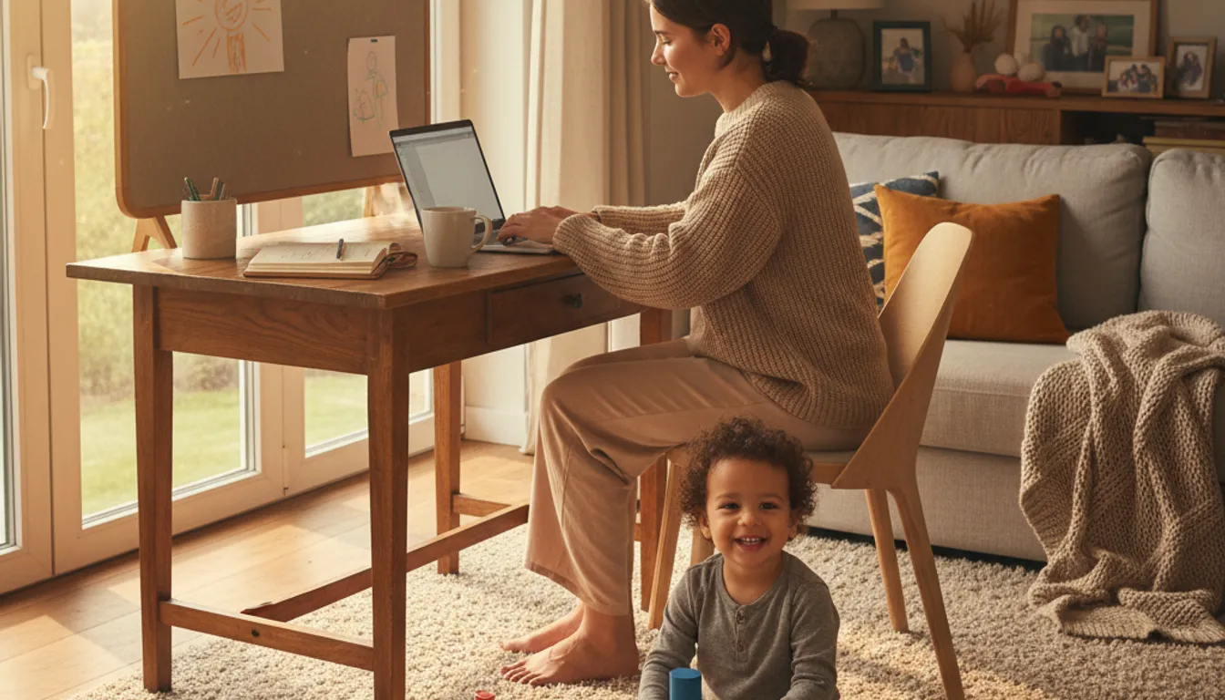 Parent working from home, work-life balance, child playing, cozy living room, photorealistic image.