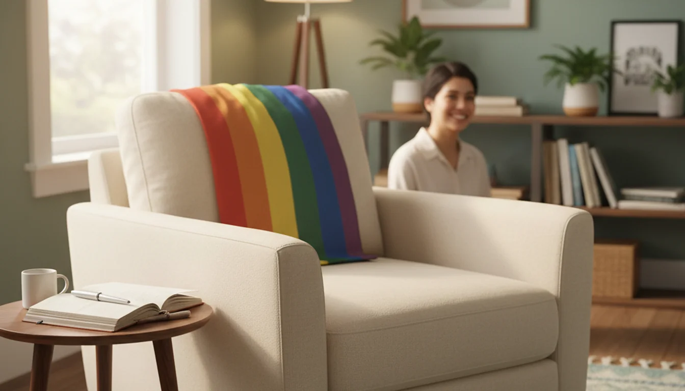 Image of a welcoming therapy office with a rainbow flag, symbolizing LGBTQ+ friendly support.