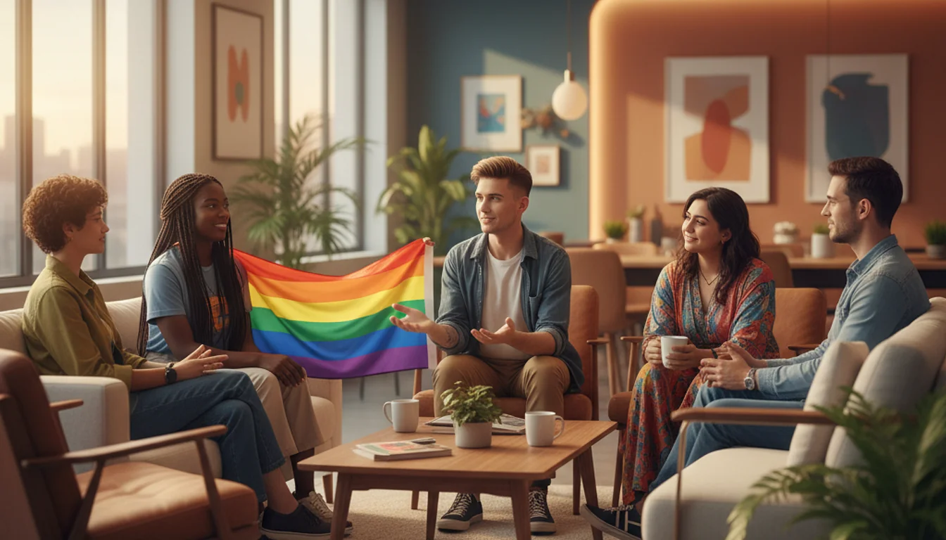 LGBTQ+ friendly therapists: Diverse group in a supportive, welcoming therapy office.