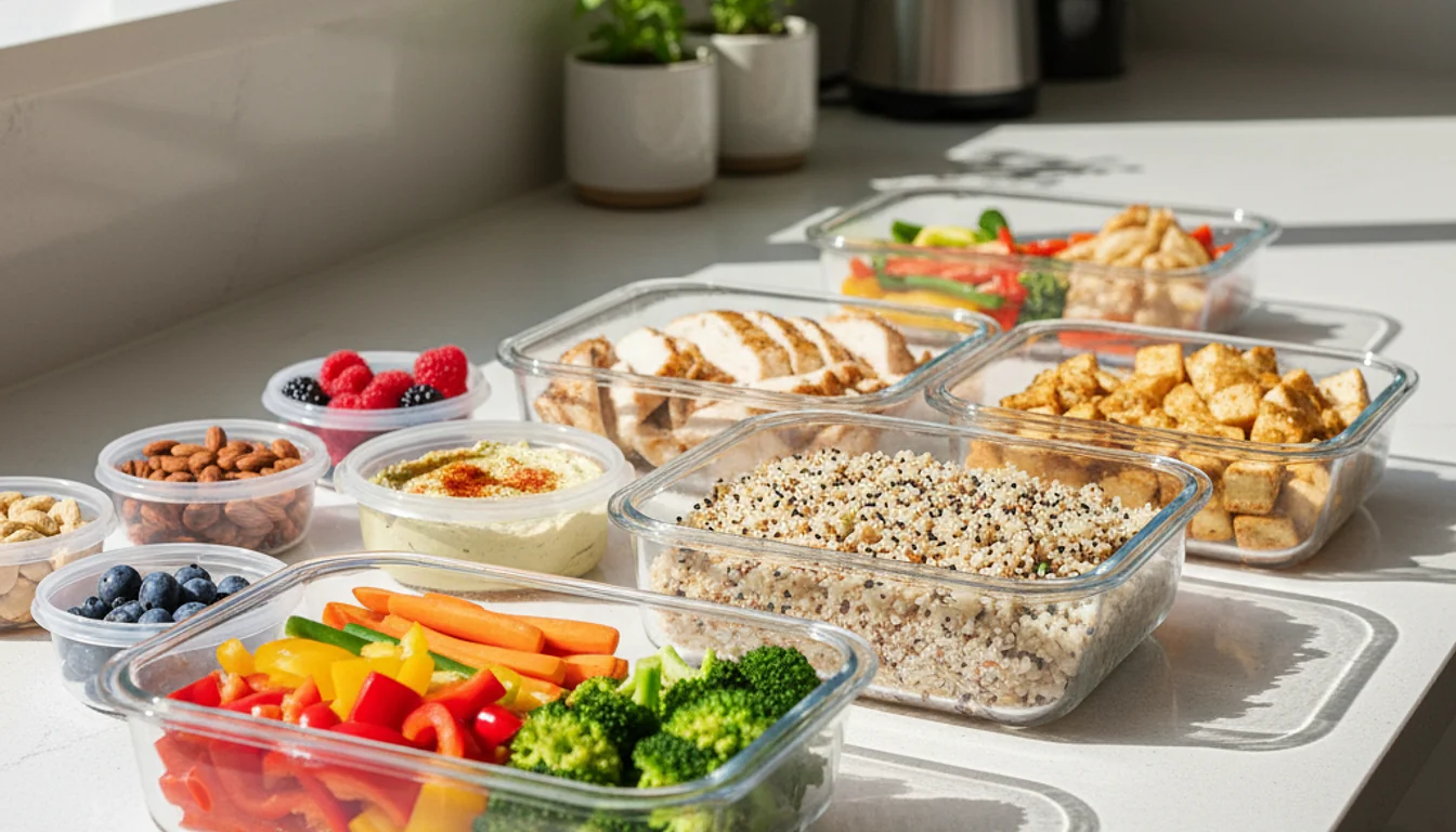 Healthy meal prep containers filled with vegetables, grains, protein, and snacks for quick and easy meals.