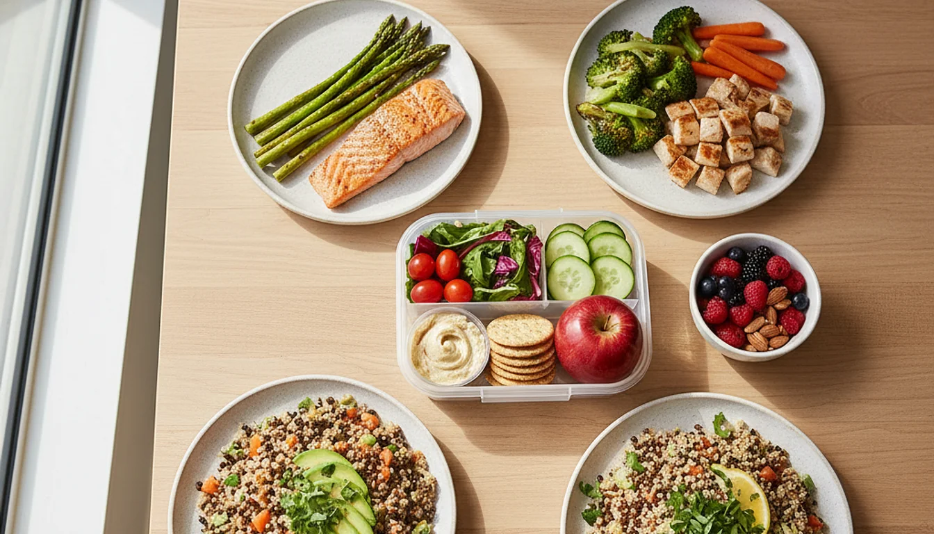 Balanced meal ideas for busy days: healthy lunchbox and delicious food plates.