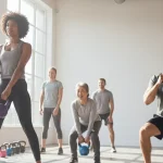 Beginner kettlebell exercises: People performing swings, squats, and deadlifts in a bright gym setting.