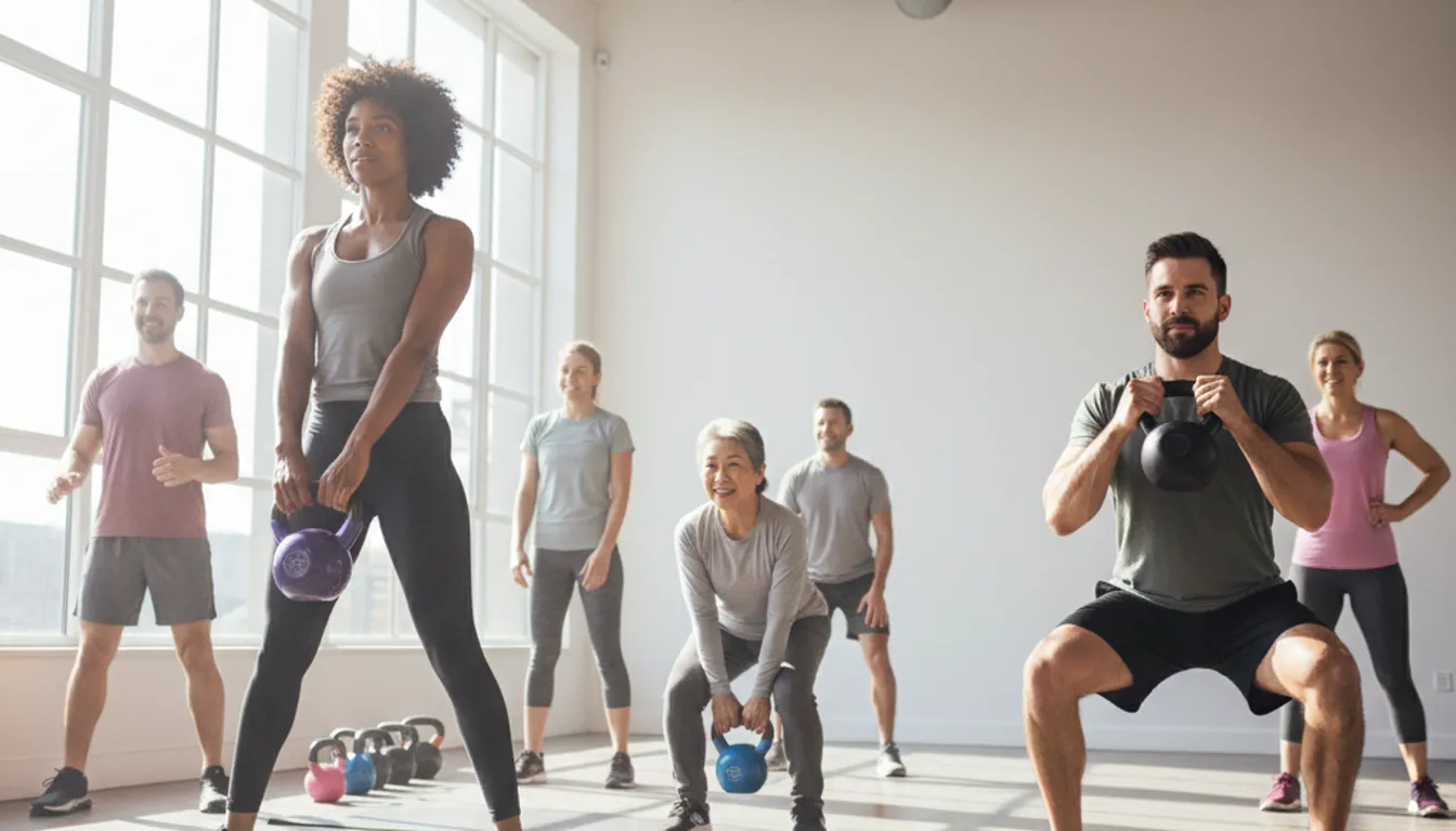 Beginner kettlebell exercises: People performing swings, squats, and deadlifts in a bright gym setting.