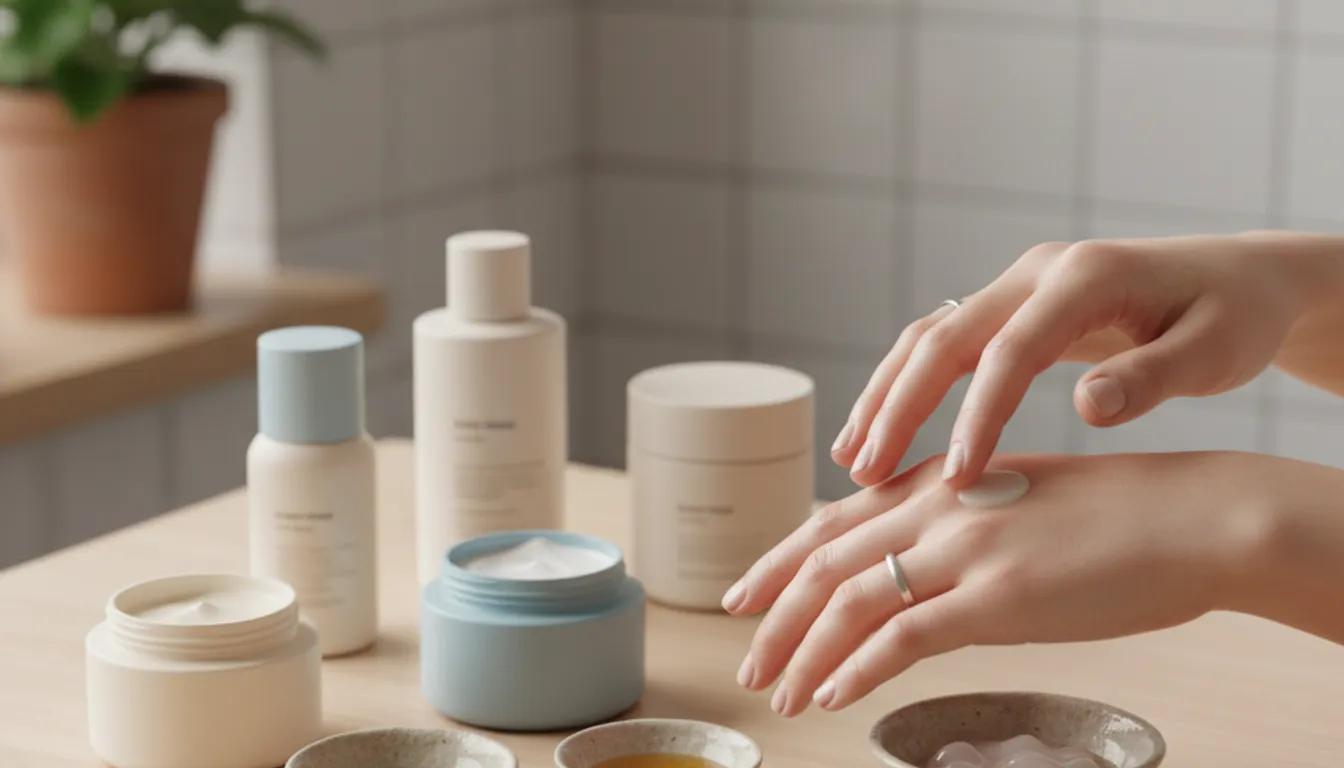 Skincare routine: applying moisturizer for hydrated, glowing skin. Photorealistic image.