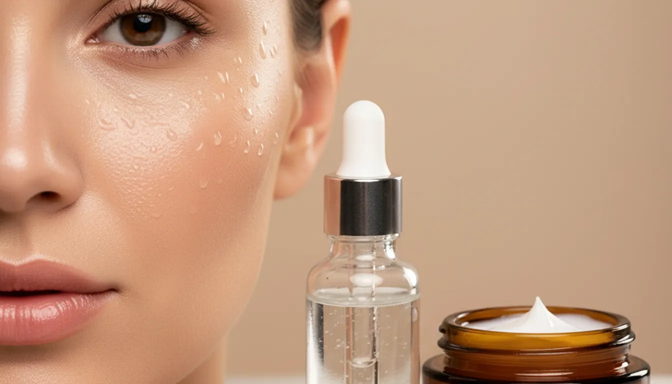 Glowing skin after hyaluronic acid and moisturizer application. Hydrated and healthy complexion.